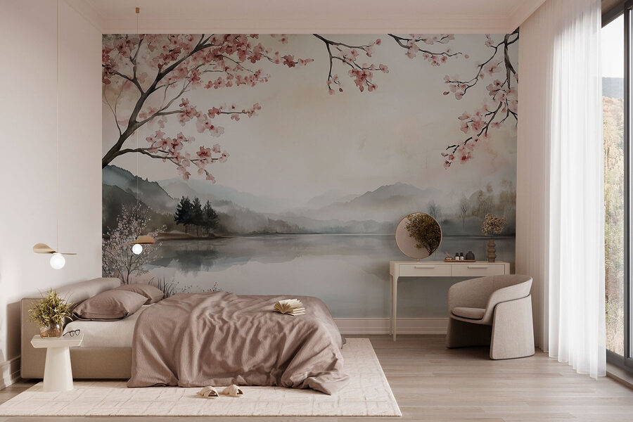 Pintura a aguarela de um lago com árvores e montanhas