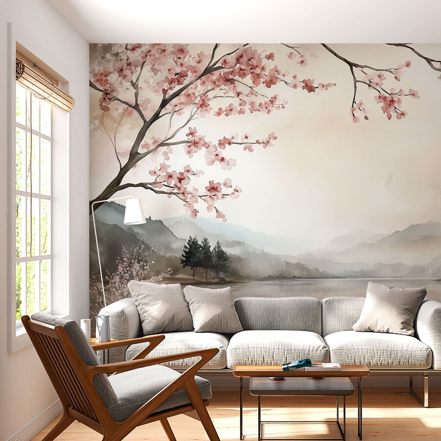 Pintura a aguarela de um lago com árvores e montanhas