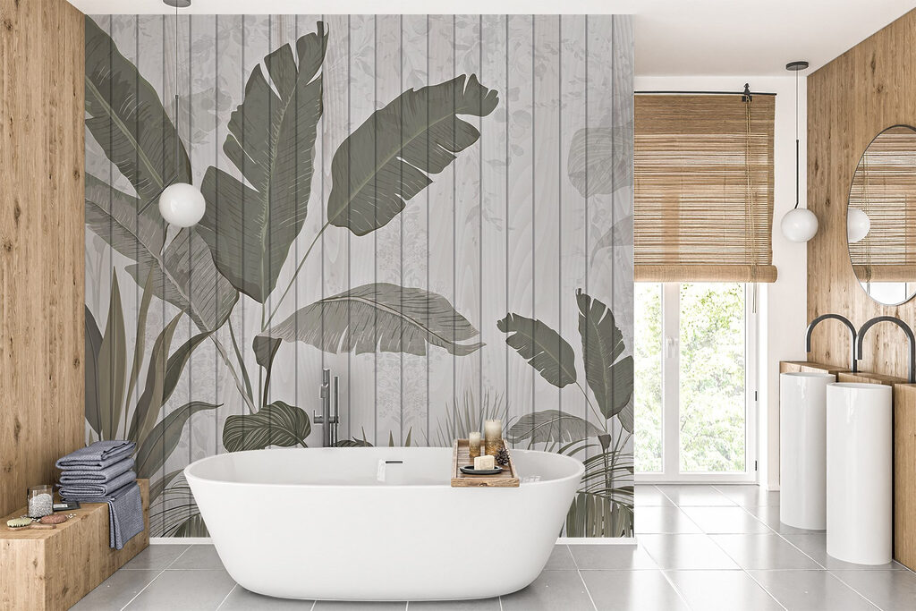 Wallpaper with leaves and plants on it