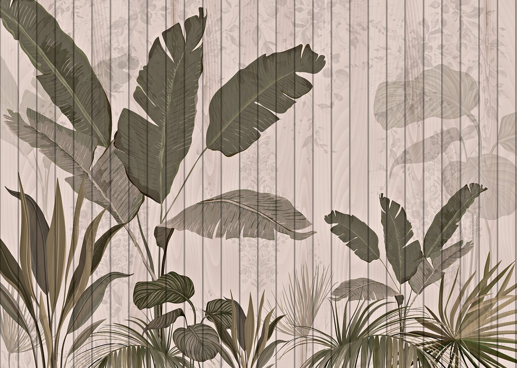 Parede de madeira com folhas e plantas Parede de madeira com folhas e plantas