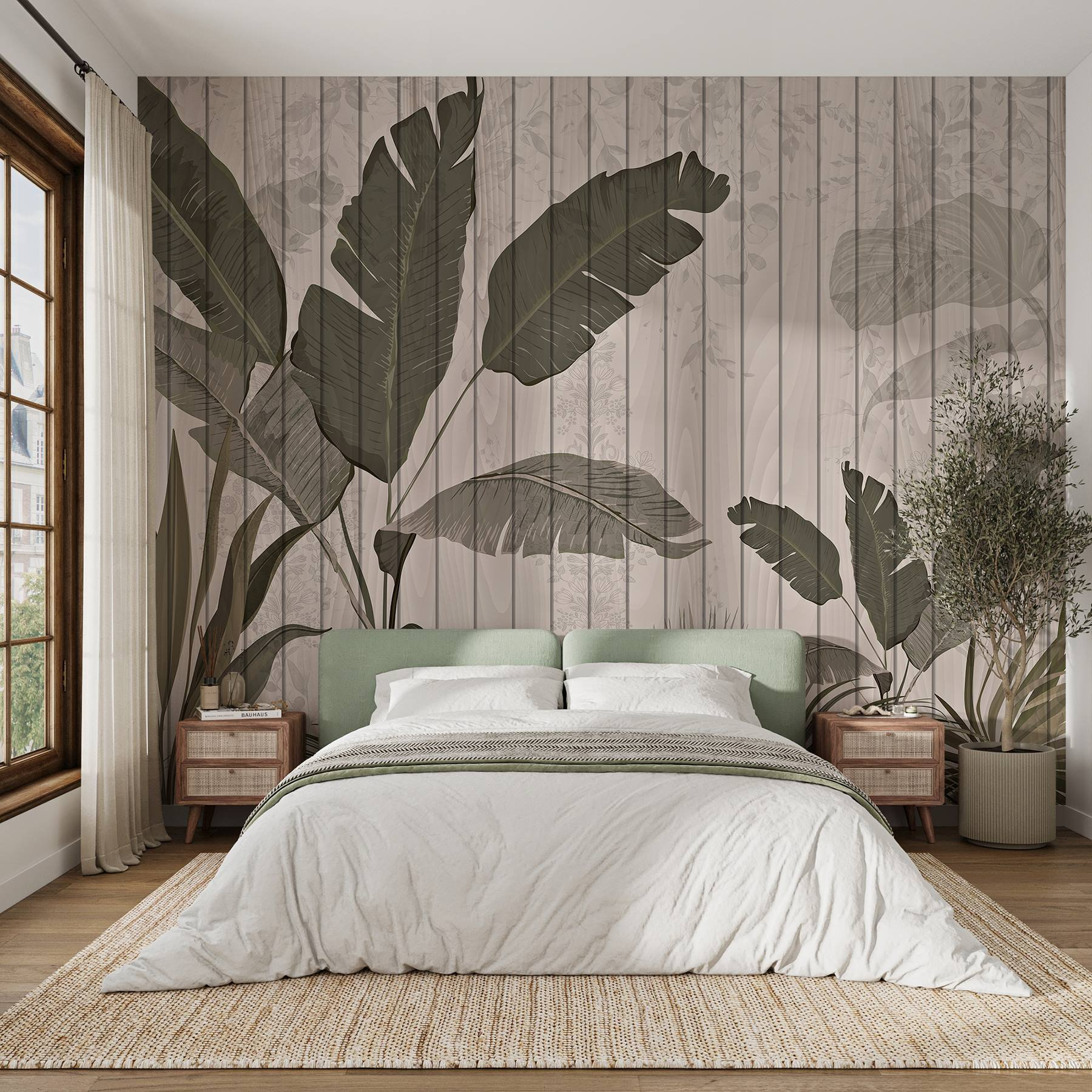 Wood wall with leaves and plants