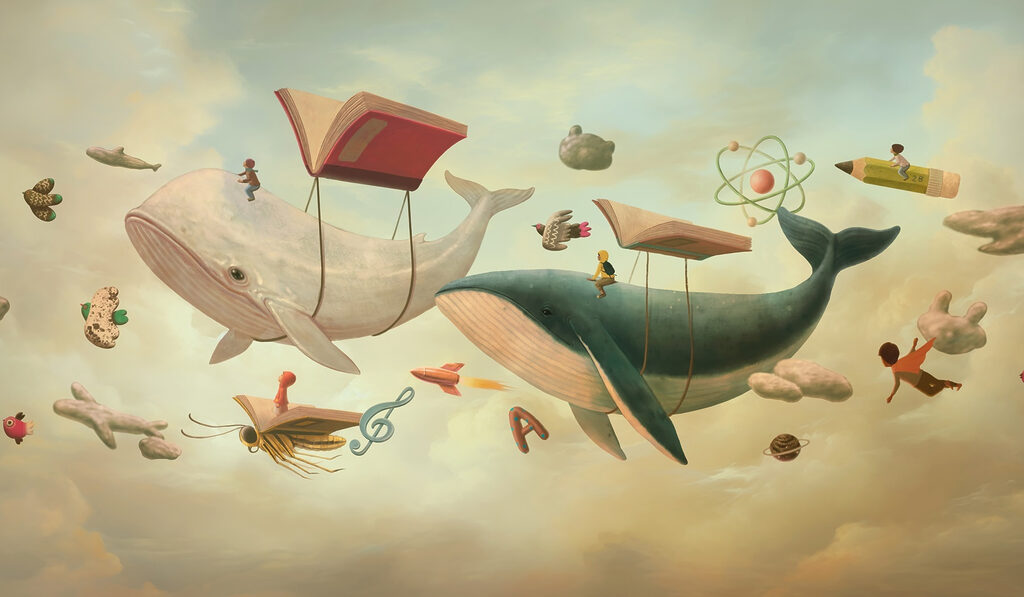 Baleia e baleia com livros e um livro sobre ela Baleia e baleia com livros e um livro sobre ela