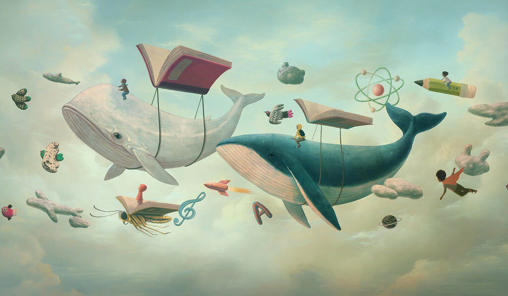 Baleia e baleia com livros e um livro sobre elas Baleia e baleia com livros e um livro sobre elas