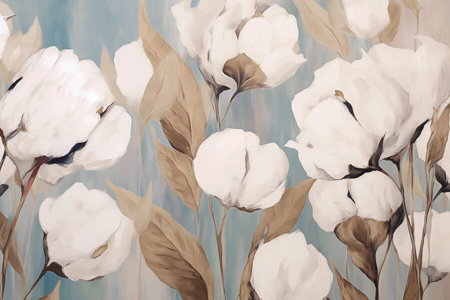 Pintura de flores brancas e folhas castanhas