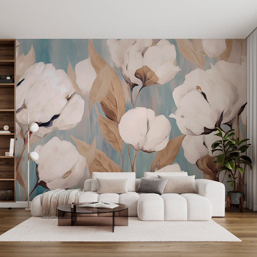 Pintura de flores brancas e folhas castanhas