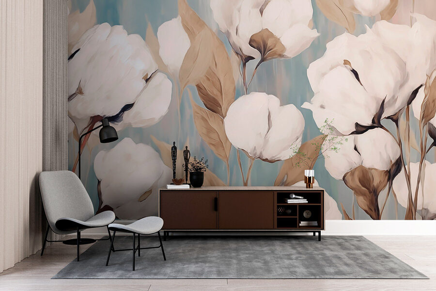 Pintura de flores brancas e folhas castanhas