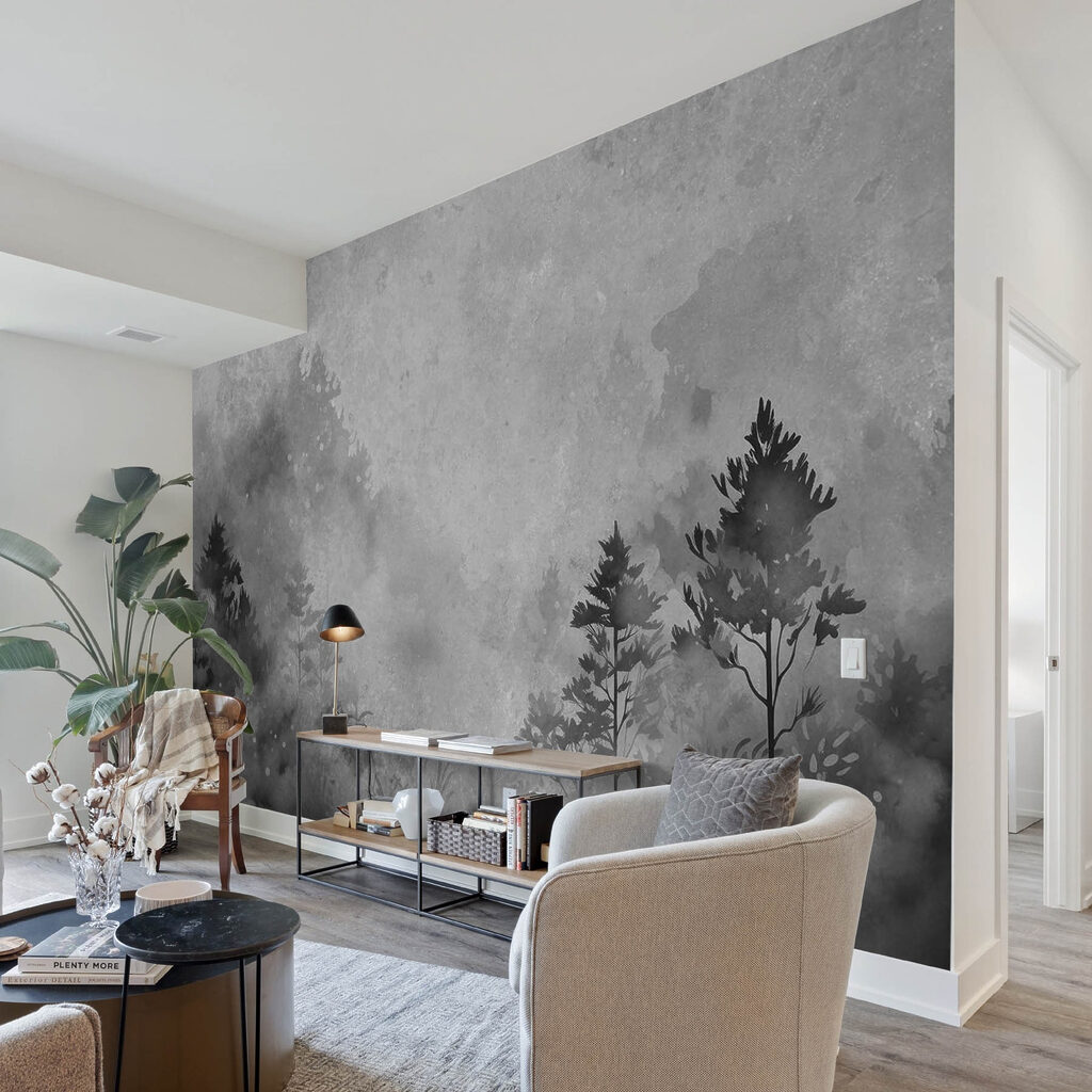 Black and white image of trees and bushes Black and white image of trees and bushes