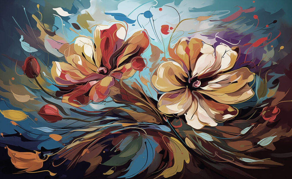 Pintura de flores sobre um fundo azul Pintura de flores sobre um fundo azul