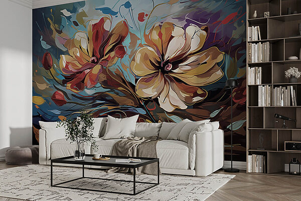 Pintura de flores sobre um fundo azul Pintura de flores sobre um fundo azul