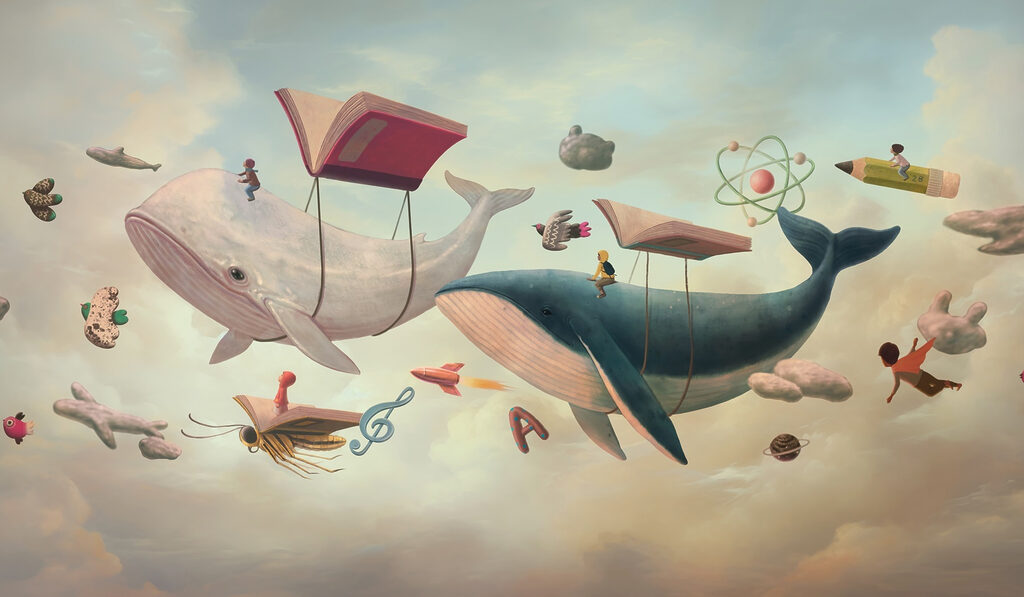 Baleia e baleia com livros e um livro sobre elas Baleia e baleia com livros e um livro sobre elas