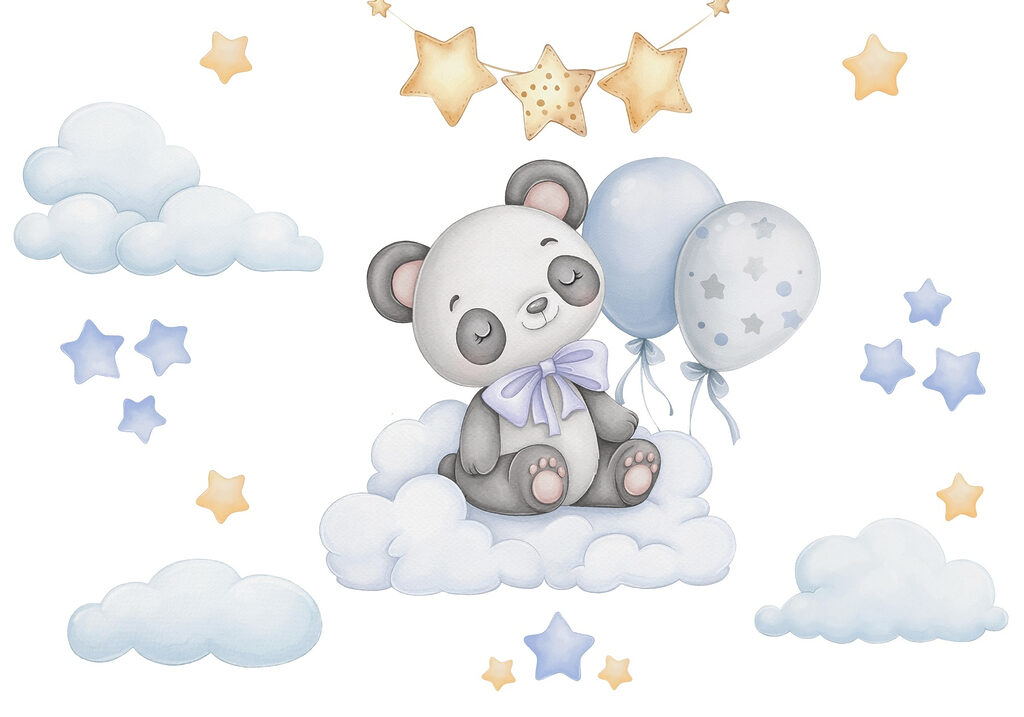 Panda em desenho animado sentado numa nuvem com balões Panda em desenho animado sentado numa nuvem com balões