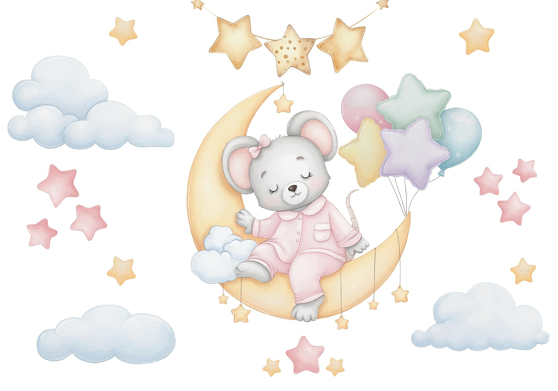 Mouse sitting on the moon with balloons