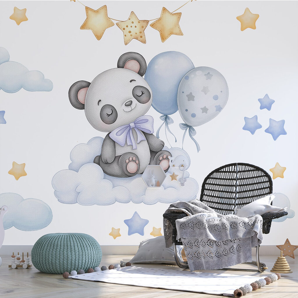 Cartoon panda sitting on a cloud with balloons