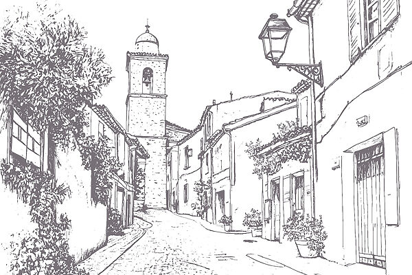 Drawing of a street with buildings and a bell tower
