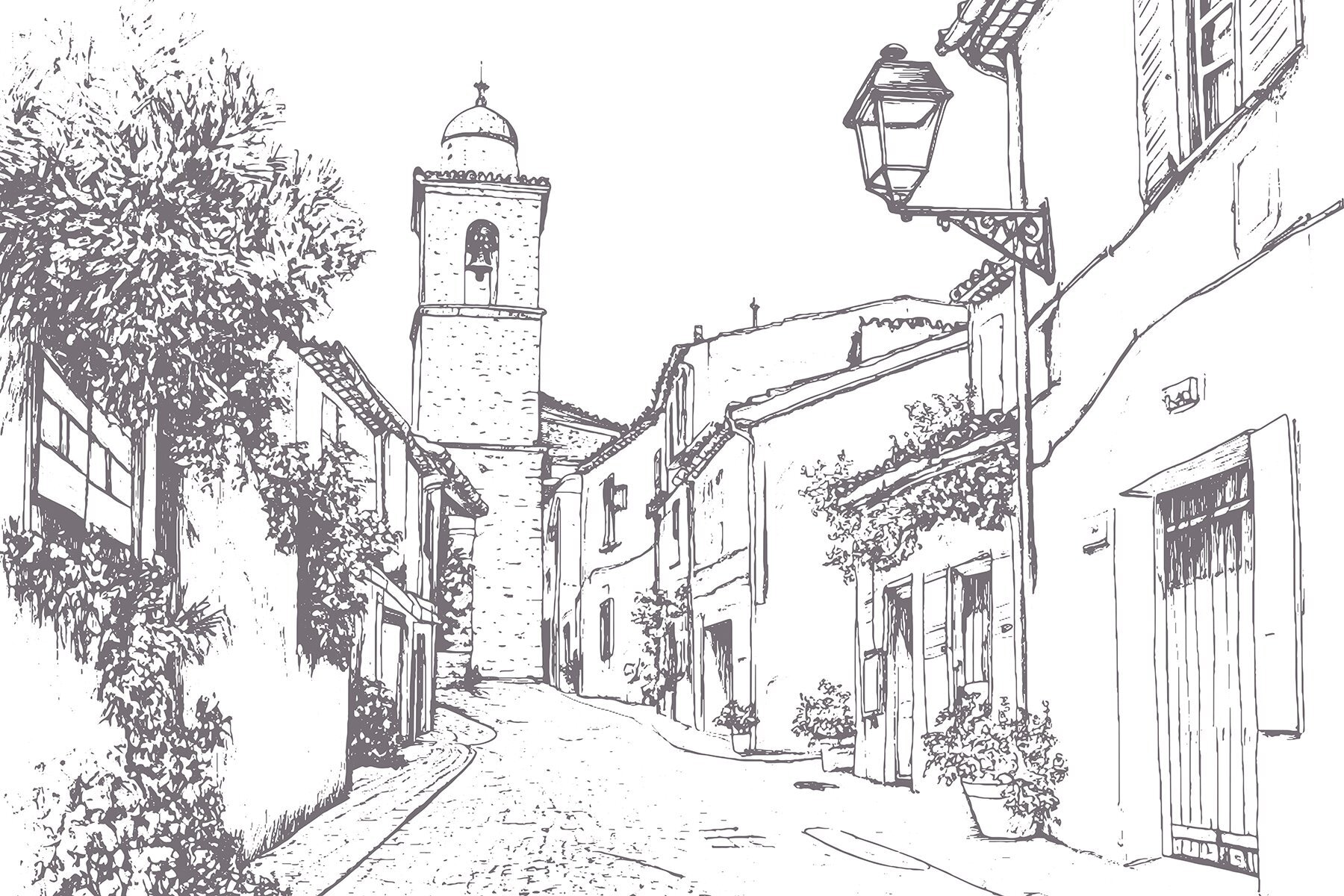 Drawing of a street with buildings and a bell tower