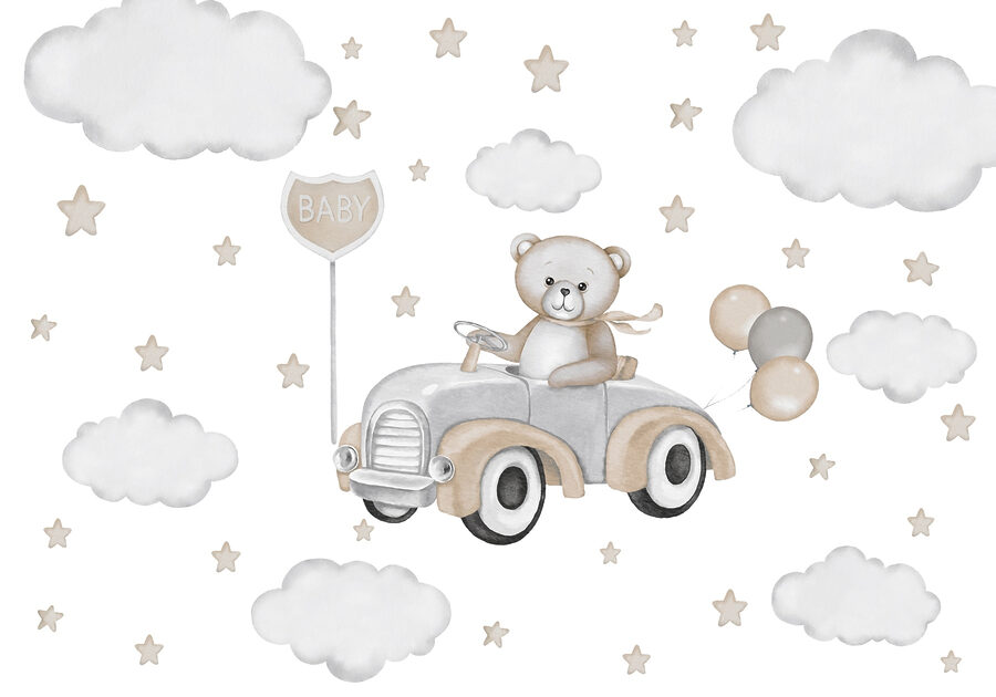 Urso de peluche a conduzir um carro com balões