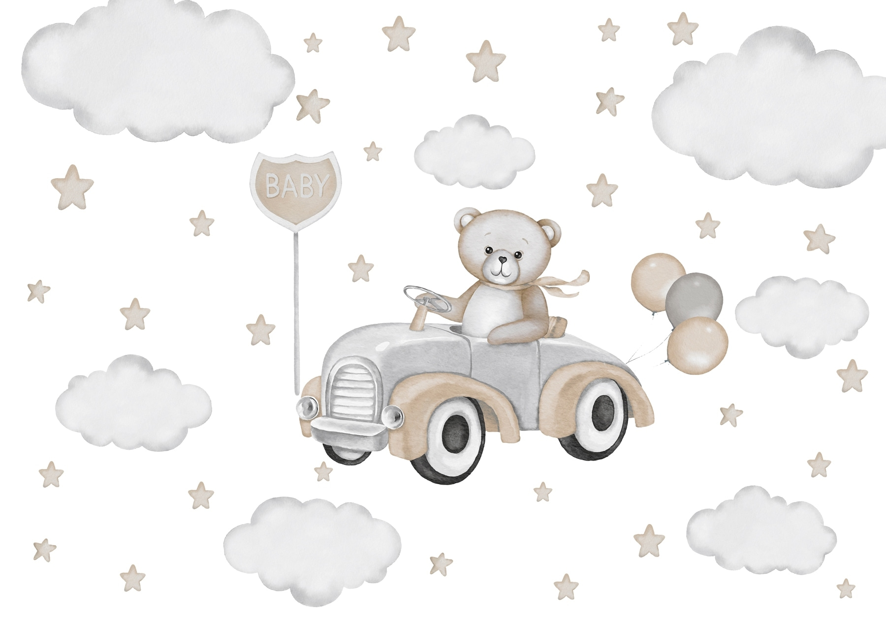 Teddy bear driving a car with balloons