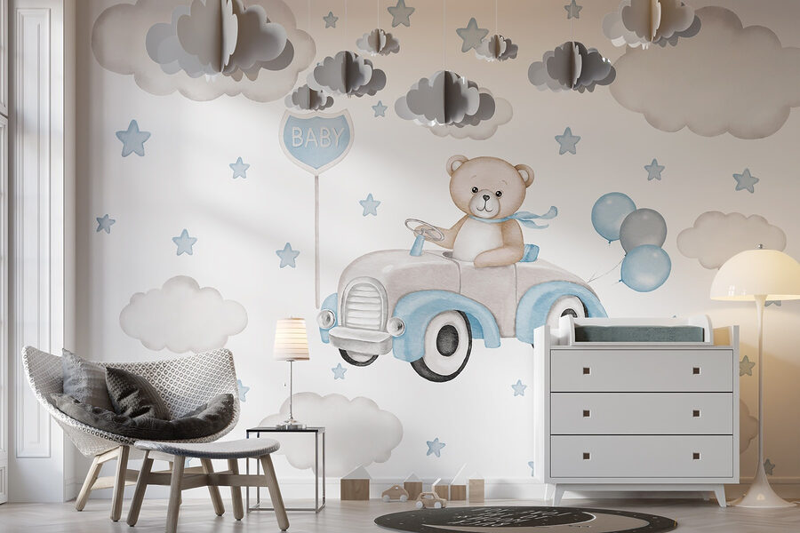 Papel de parede Urso de peluche a conduzir um carro com balões