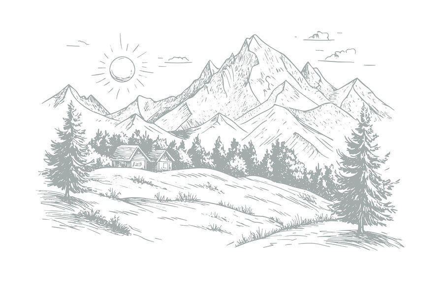 Paisagem com árvores e montanhas