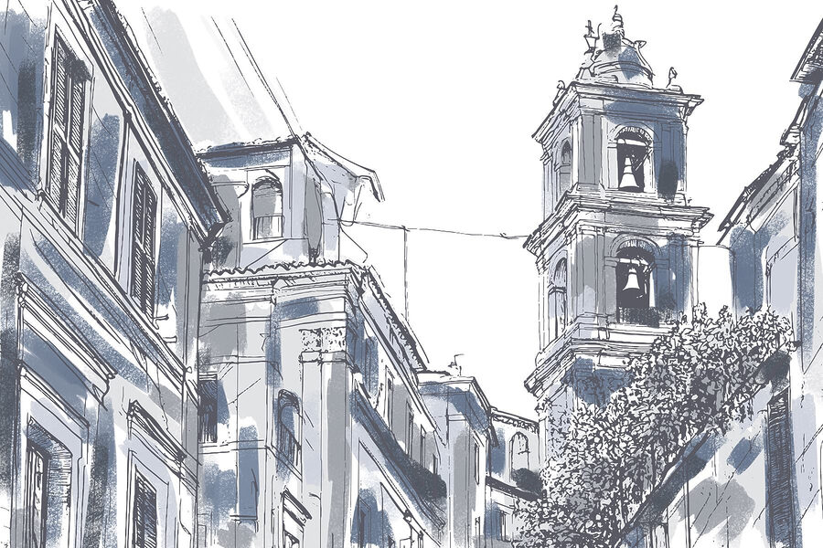Desenho de um edifício com sinos