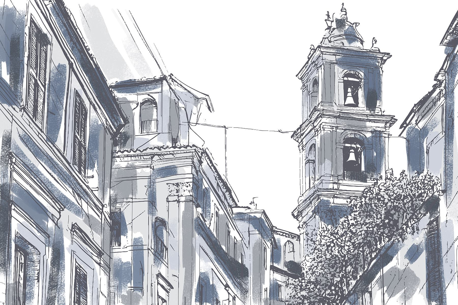 Drawing of a building with bells