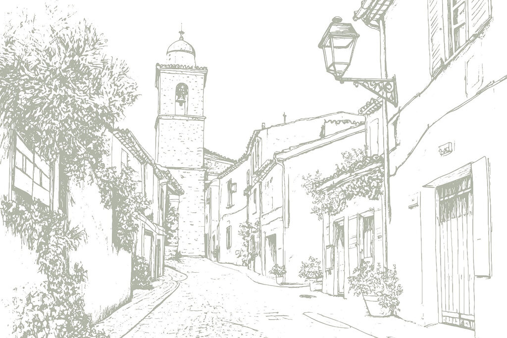 Desenho de uma rua com edifícios e uma torre sineira Desenho de uma rua com edifícios e uma torre sineira