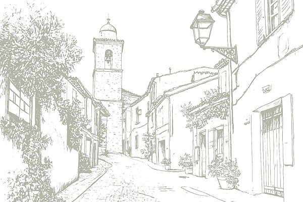 Desenho de uma rua com edifícios e uma torre sineira Desenho de uma rua com edifícios e uma torre sineira