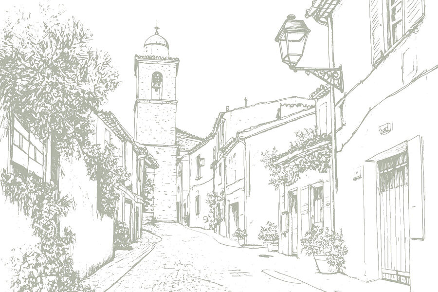 Desenho de uma rua com edifícios e uma torre sineira Desenho de uma rua com edifícios e uma torre sineira