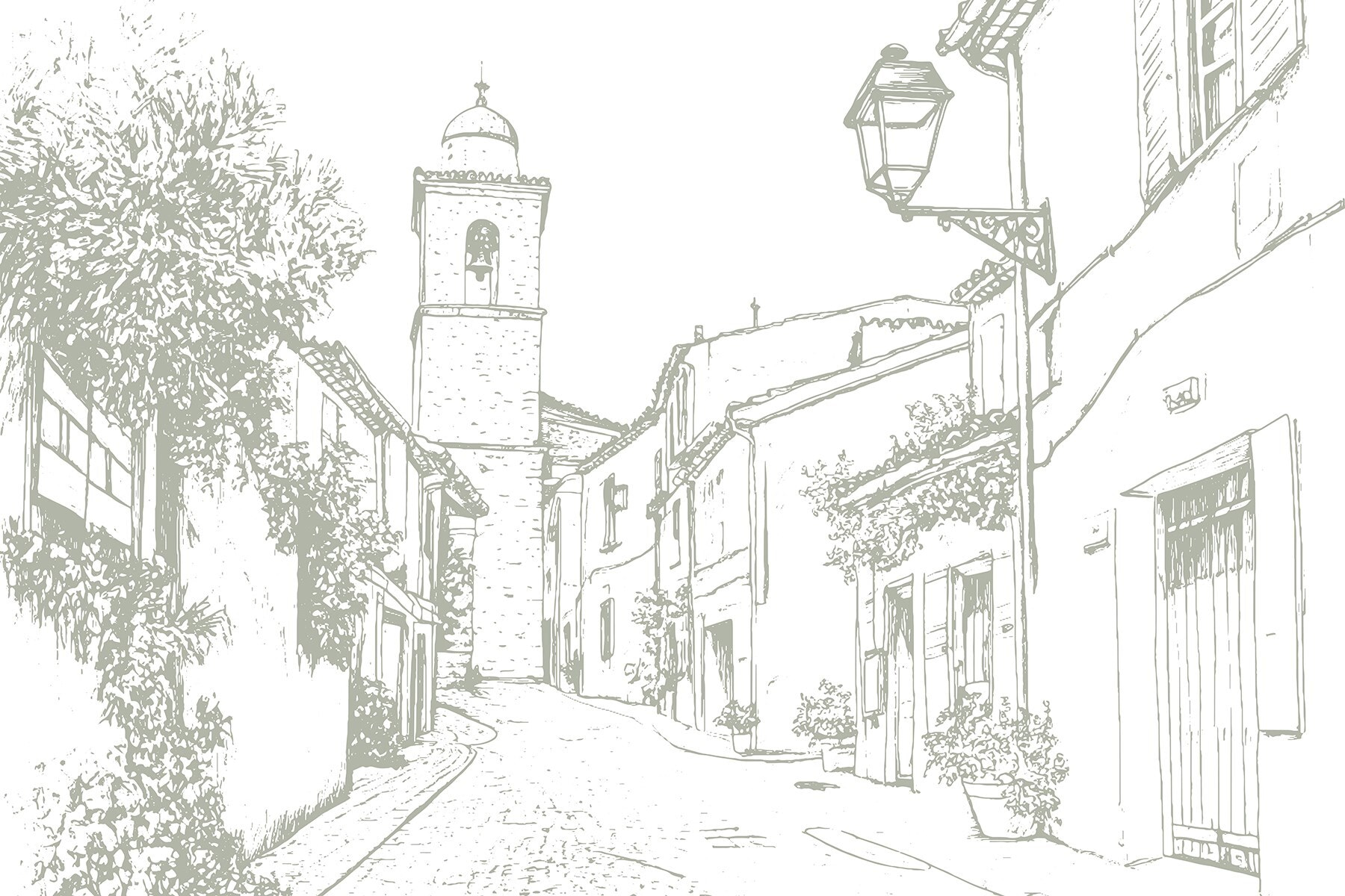 Drawing of a street with buildings and a bell tower
