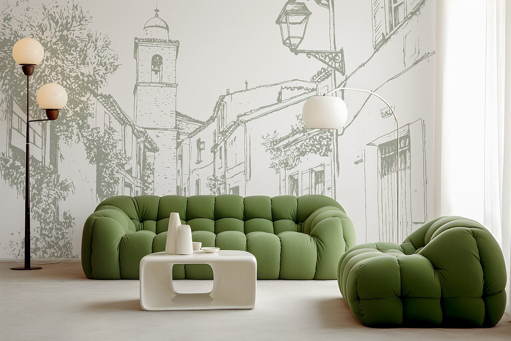 Drawing of a street with buildings and a bell tower