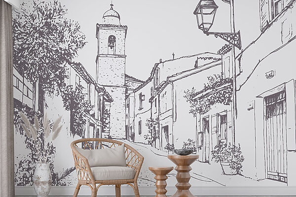 Drawing of a street with buildings and a bell tower