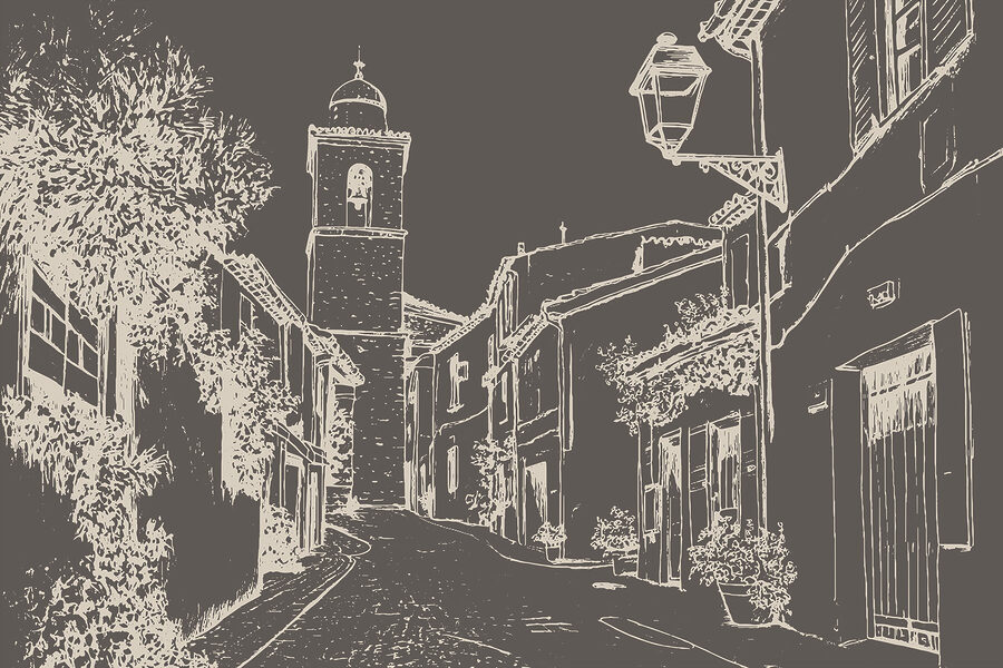 Desenho de uma rua com edifícios e uma torre sineira