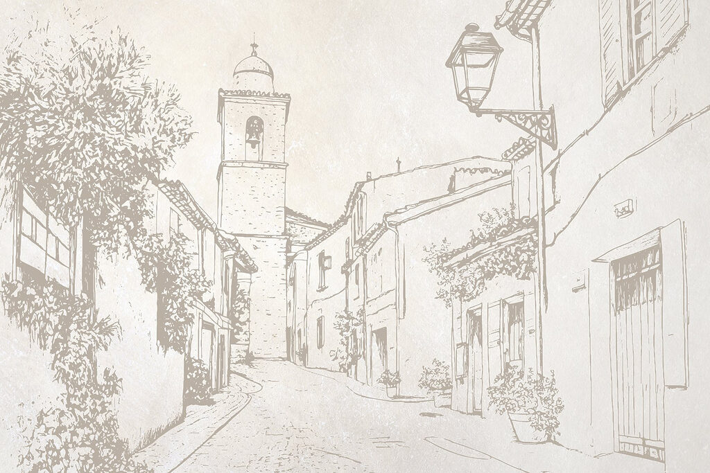 Desenho de uma rua com uma torre sineira Desenho de uma rua com uma torre sineira