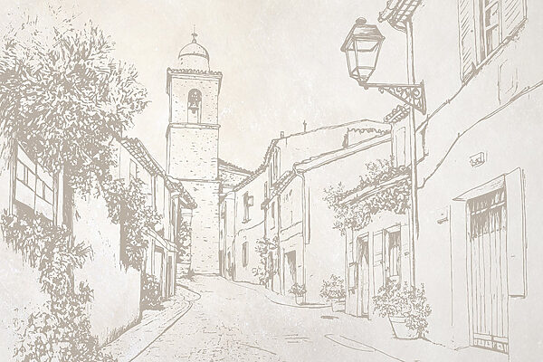 Desenho de uma rua com uma torre sineira Desenho de uma rua com uma torre sineira