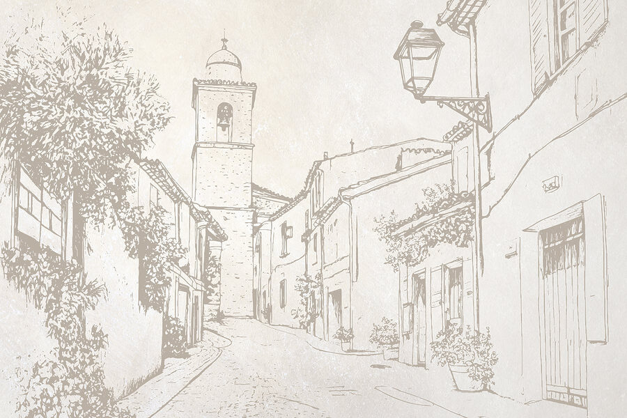 Desenho de uma rua com uma torre sineira