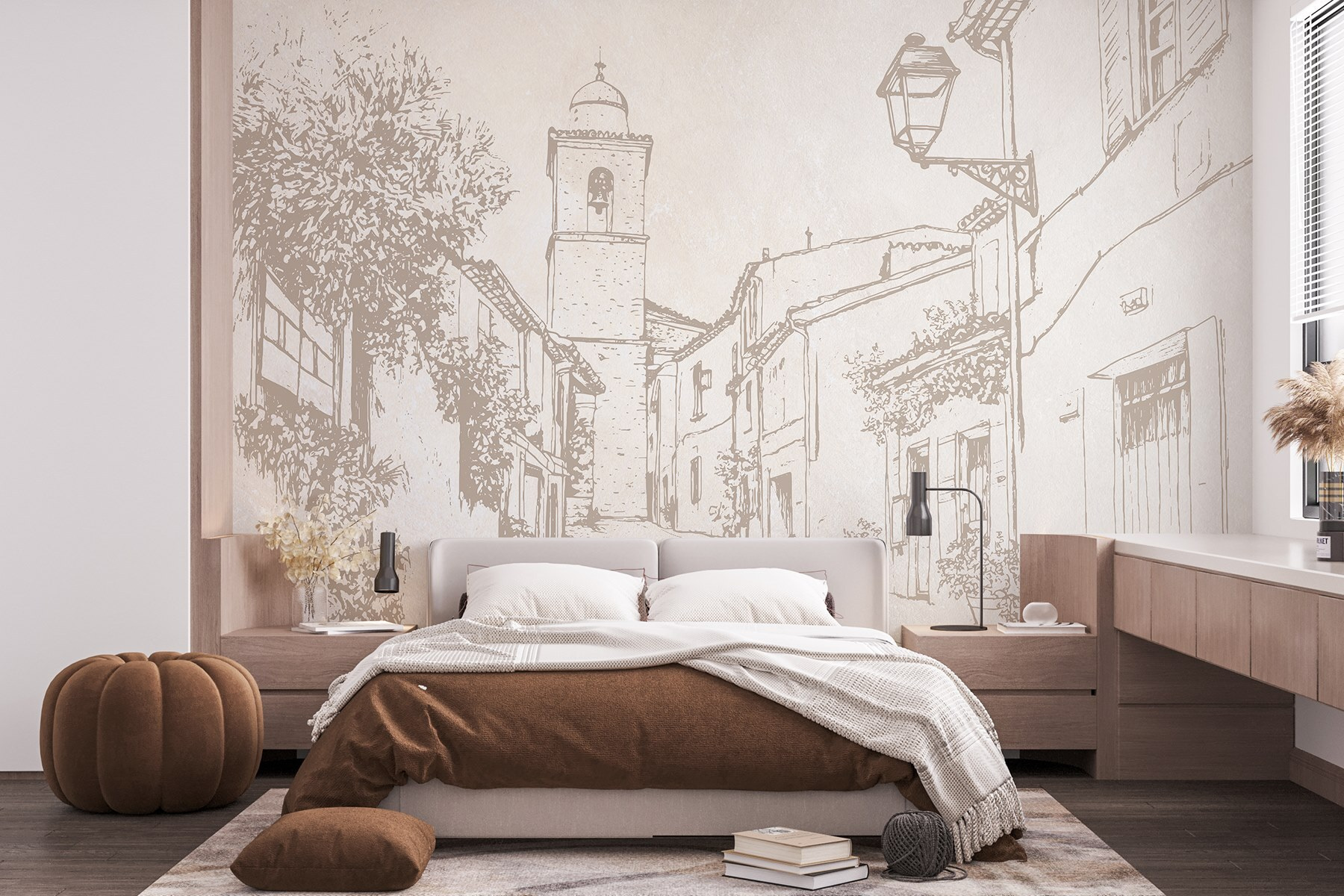 Drawing of a street with a bell tower