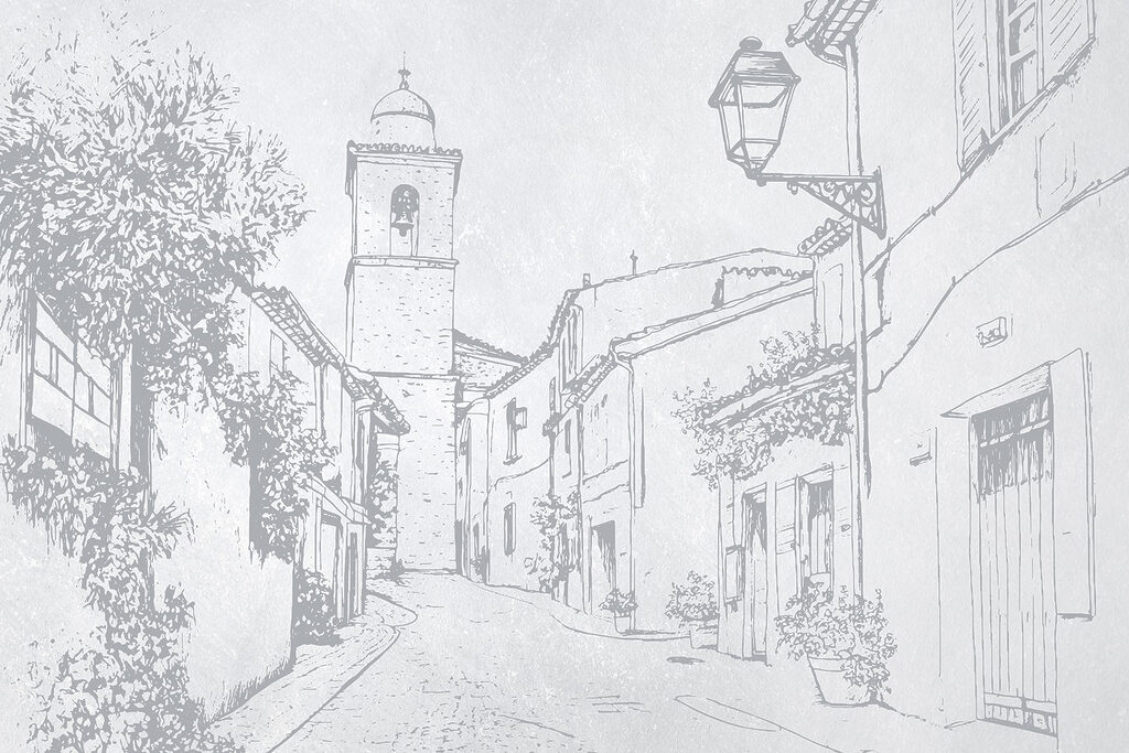 Desenho de uma rua com uma torre sineira Desenho de uma rua com uma torre sineira