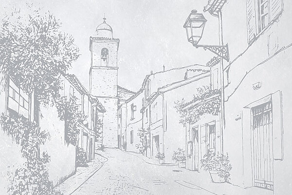 Desenho de uma rua com uma torre sineira Desenho de uma rua com uma torre sineira