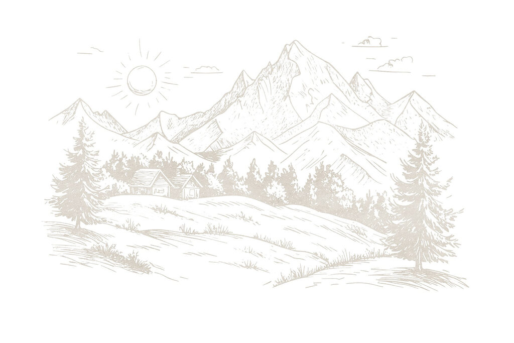 Desenho de uma paisagem com montanhas e árvores Desenho de uma paisagem com montanhas e árvores