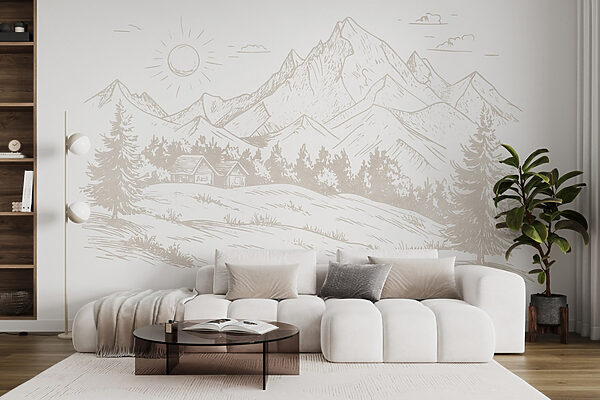 Desenho de uma paisagem com montanhas e árvores Desenho de uma paisagem com montanhas e árvores