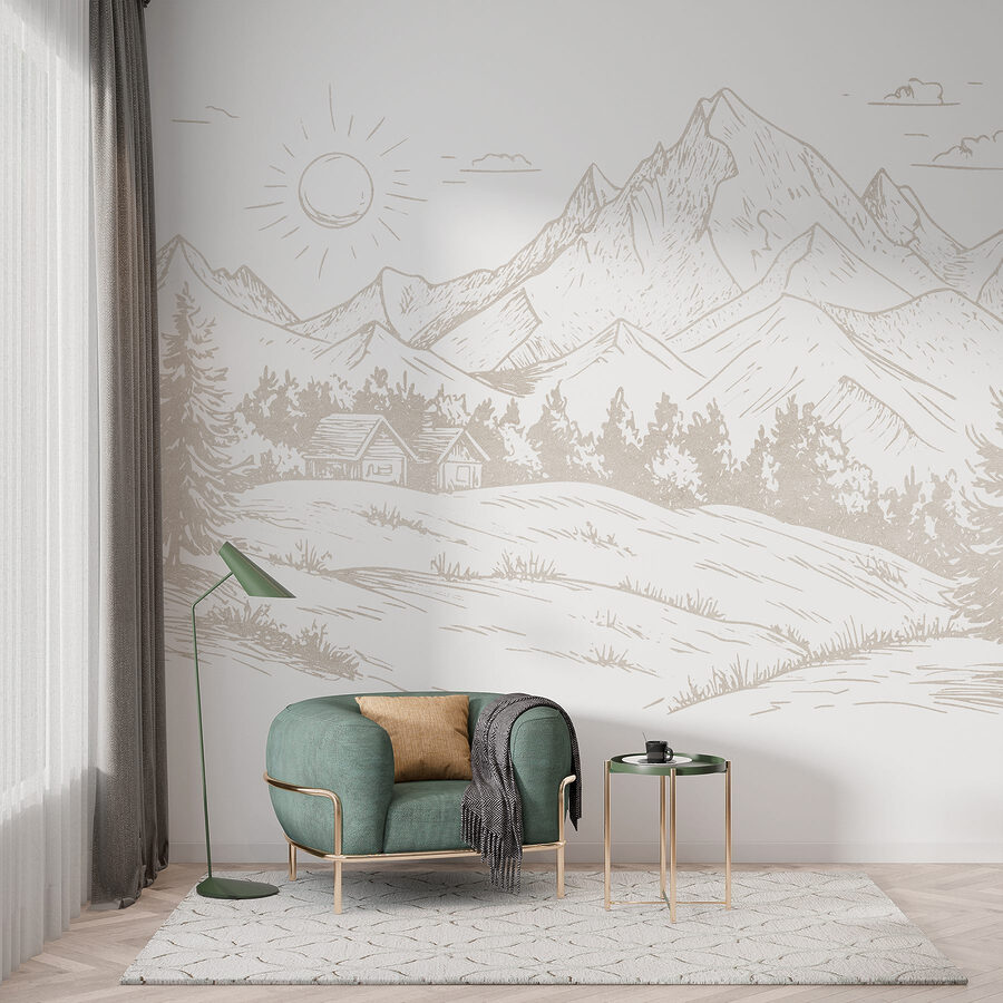 Desenho de uma paisagem com montanhas e árvores Desenho de uma paisagem com montanhas e árvores