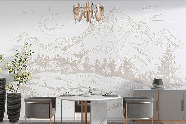 Desenho de uma paisagem com montanhas e árvores Desenho de uma paisagem com montanhas e árvores