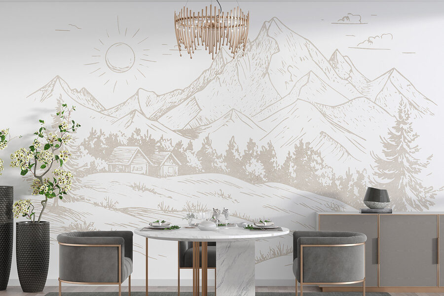 Desenho de uma paisagem com montanhas e árvores Desenho de uma paisagem com montanhas e árvores