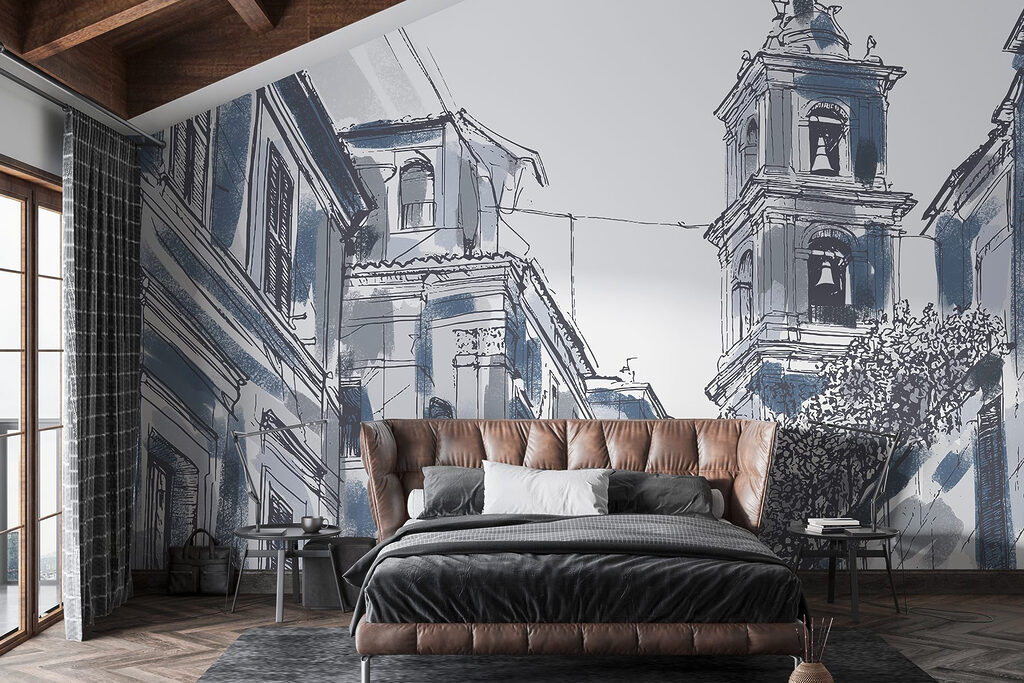 Drawing of a building with bells