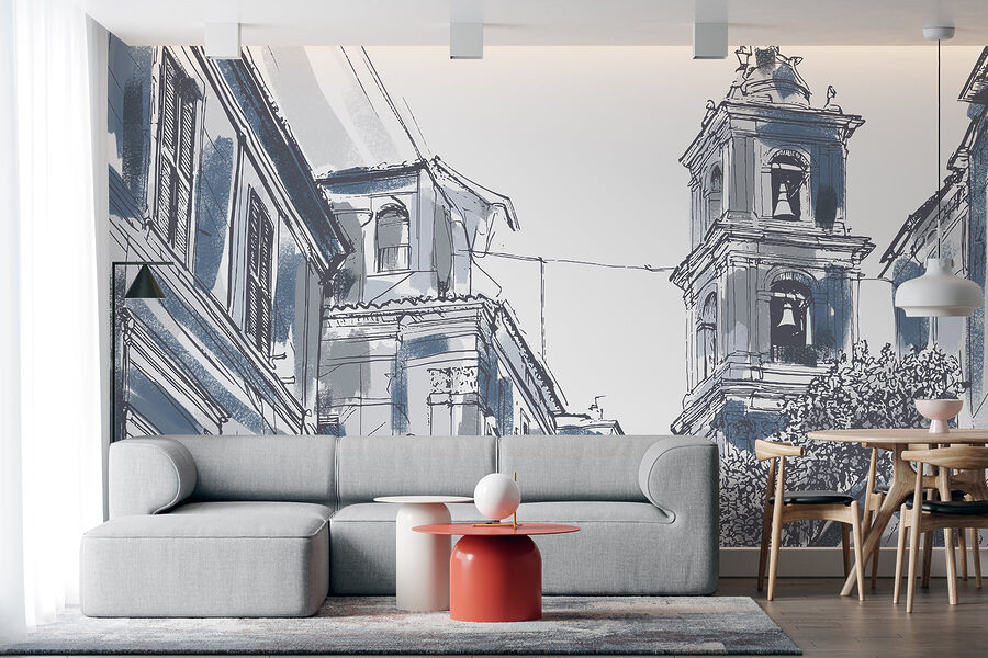 Desenho de um edifício com sinos
