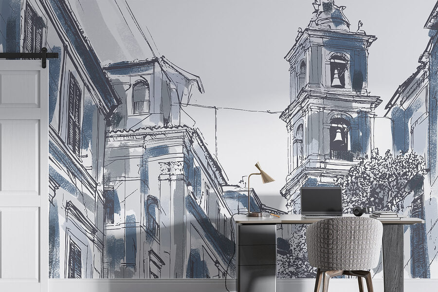 Desenho de um edifício com sinos