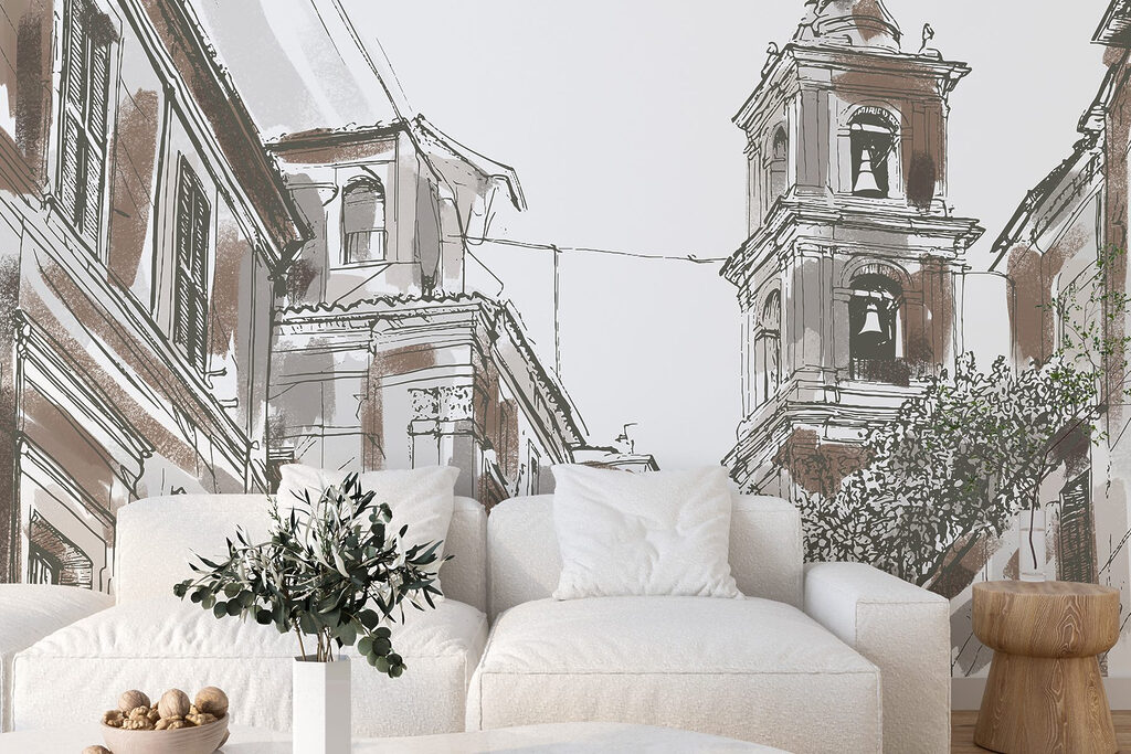 Drawing of a building with bells