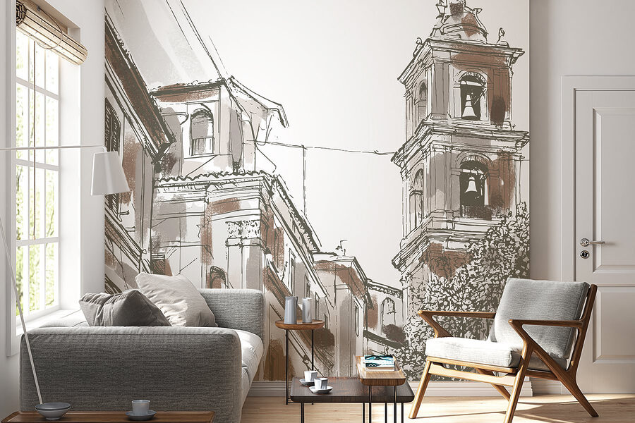 Desenho de um edifício com sinos