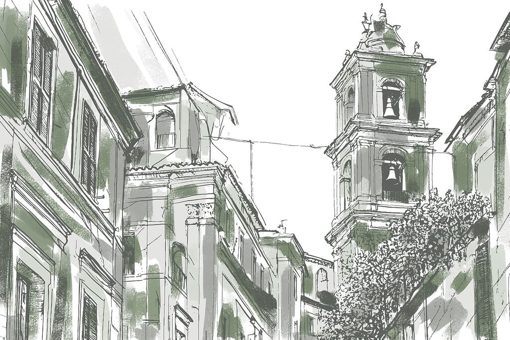 Desenho de um edifício com sinos Desenho de um edifício com sinos