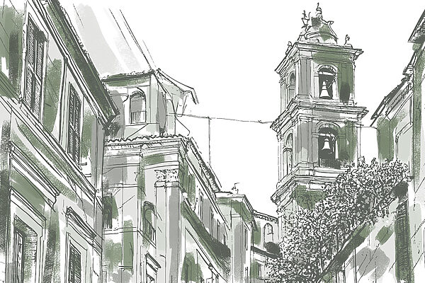 Desenho de um edifício com sinos Desenho de um edifício com sinos
